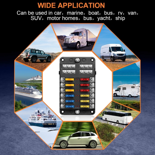 12 Way Blade Fuse Block, 12V Automotive Fuse Box Holder, Waterproof Cover with Negative Bus Fuse Panel LED Indicator for Automotive Car Truck Boat