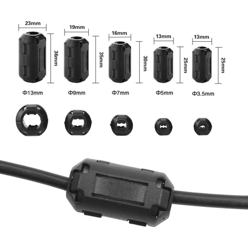 20 Pieces Clip-on Ferrite Ring Core RFI EMI Noise Suppressor Cable Clip for 3mm/ 5mm/ 7mm/ 9mm/ 13mm Diameter Cable, Black