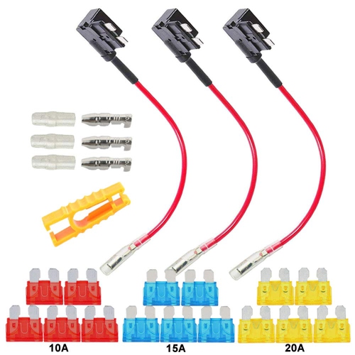 3Pcs Premium ACU Add-A-Circuit Fuse Tap, Piggy Back Blade Fuse Holder Kit with Wire Harness, Free Standard Blade Fuses X 15Pcs, Fuse Puller X 1Pcs ––