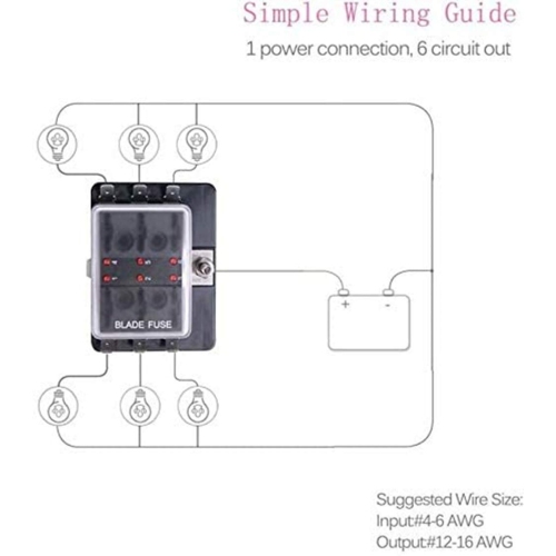 6 Way DC 12~32V Blade Fuse Box Holder Fuse Block with Fuses Cables with LED Warning Light Protection Cover for Automotive Car Boat Marine Trike with