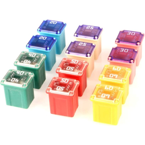 DOLAER  12PCs 12V-24V Automotive Low Profile Jcase Box Shaped Assorted Fuse for Trucks, Cars And Suv, Boat(20A/25A/30A/40A/50A/60A, Each 2PCs)