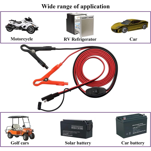 SAE Extension Cable 16 AWG Wire Harness SAE to Battery Alligator Crocodile Clip12V DC Extension Cord with Switch Quick Connect/Disconnect Snap Action