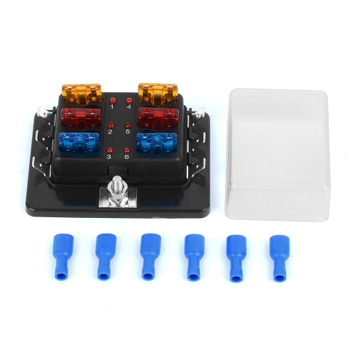 6 Way DC 12~32V Blade Fuse Box Holder Fuse Block with Fuses Terminals with LED Warning Light Protection Cover for Automotive Car Boat Marine Trike