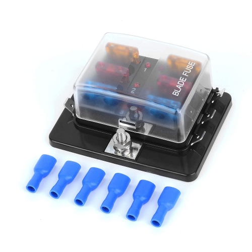 6 Way DC 12~32V Blade Fuse Box Holder Fuse Block with Fuses Terminals with LED Warning Light Protection Cover for Automotive Car Boat Marine Trike