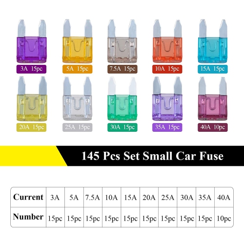 145pcs Mini Blade Fuses Assortment Auto Car Motorcycle Truck Fuses Kit 3A 5A 7.5A 10A 15A 20A 25A 30A 35A 40A Boat Camper RV ATV UTV Automotive