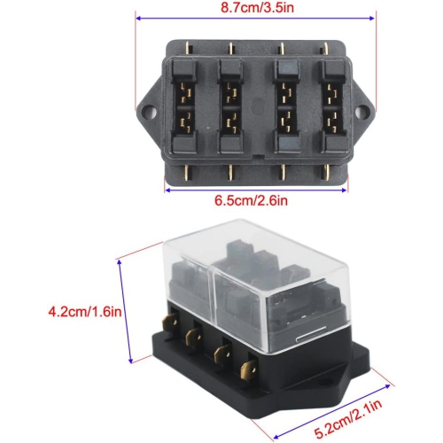 4 Way Car Standard Blade Fuse Holder Box, with 10pcs Blade Fuse (3A/5A/7.5A/10A/15A/20A/25A/30A/35A/40A) and 8pcs Terminals, for Car/Boat/Marine/Trike
