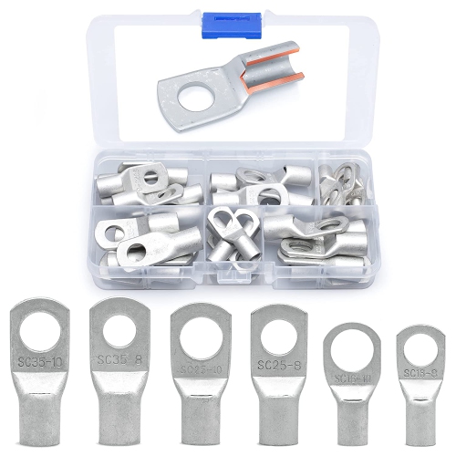 DOLAER  Wirefy 30 PCs Tinned Copper Wire Lugs Kit - Battery Lugs - Crimp Battery Cable Ends - Ring Terminals - 6-2 Gauge