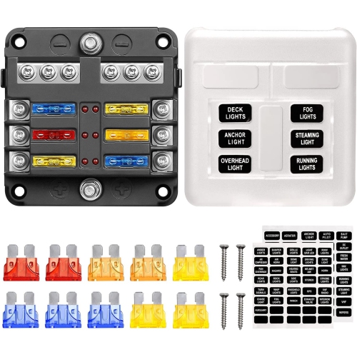 6 Way Blade Fuse Block, 12V Waterproof Fuse Box Holder, 6 Circuit Negative Bus Fuse Box with LED Indicator for Automotive Car Truck Boat Marine RV Van