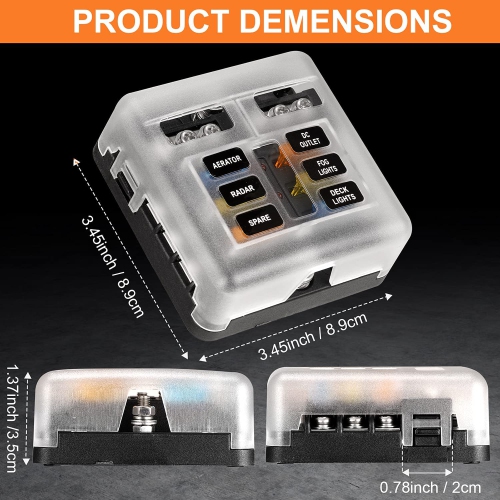 6 Way Blade Fuse Block, 12V Waterproof Fuse Box Holder, 6 Circuit Negative Bus Fuse Box with LED Indicator for Automotive Car Truck Boat Marine RV Van