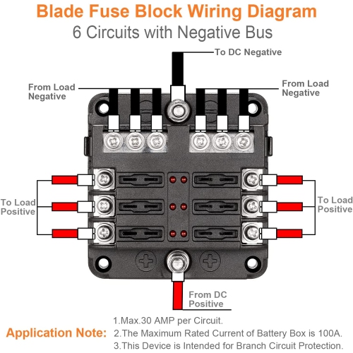 6 Way Blade Fuse Block, 12V Waterproof Fuse Box Holder, 6 Circuit Negative Bus Fuse Box with LED Indicator for Automotive Car Truck Boat Marine RV Van