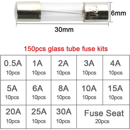 150Pcs 6X30mm Professional Car Fast-Blow Glass Tube Fuse Kit: 130Pcs Quick Blow Glass Tube Fuse + 20Pcs Fuse Seat, with Transparent Plastic Box