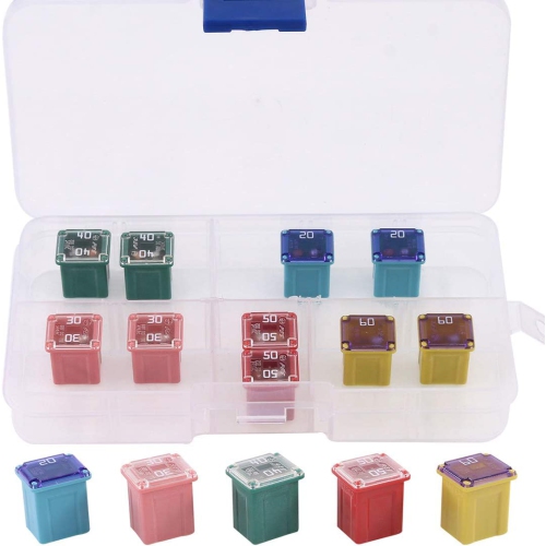 10Pcs Automotive Low Profile Box Shaped Mini Fuse 20A 30A 40A 50A 60A Fuse Assortment Kit for Ford, Chevy/GM, Nissan, and Toyota Pickup Trucks, Cars