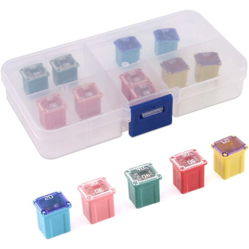 10Pcs Automotive Low Profile Box Shaped Mini Fuse 20A 30A 40A 50A 60A Fuse Assortment Kit for Ford, Chevy/GM, Nissan, and Toyota Pickup Trucks, Cars