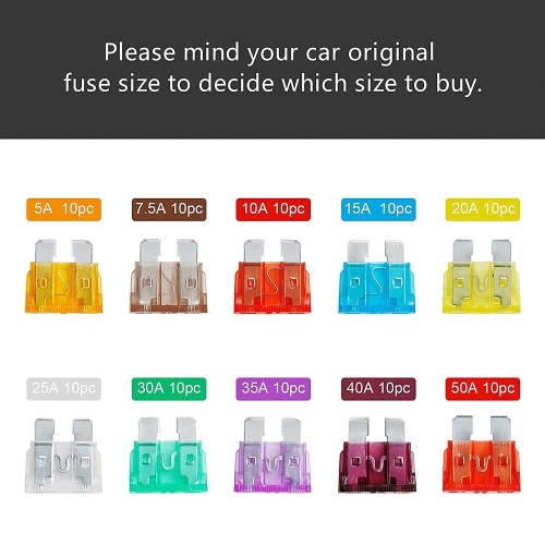 100Pcs Car Fuse Kit - Replacement Fuses Assortment Kit for Car/RV/Truck/Motorcycle(5A 7.5A 10A 15A 20A 25A 30A 35A 40A 50A) - Micro Blade Standard