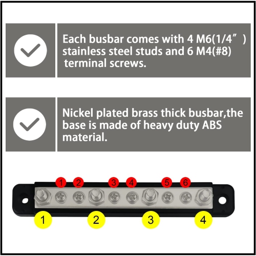 Busbar Distribution Block 4 x 1/4' Studs 6 x M4 Screw Terminal Blocks with Cover 150 Amp Rating Automotive Marine Battery Bus Bars