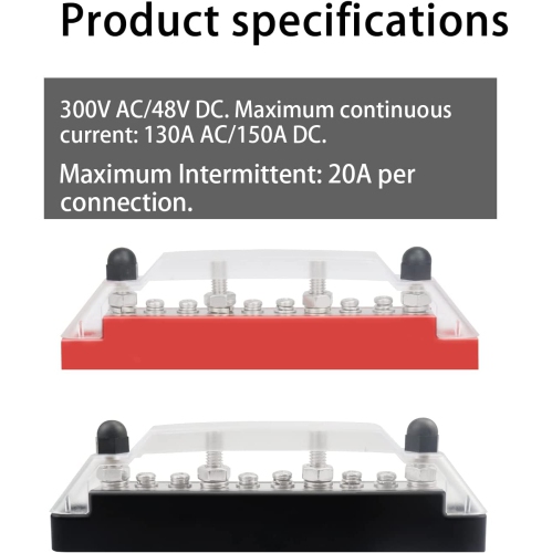 Busbar Distribution Block 4 x 1/4' Studs 6 x M4 Screw Terminal Blocks with Cover 150 Amp Rating Automotive Marine Battery Bus Bars