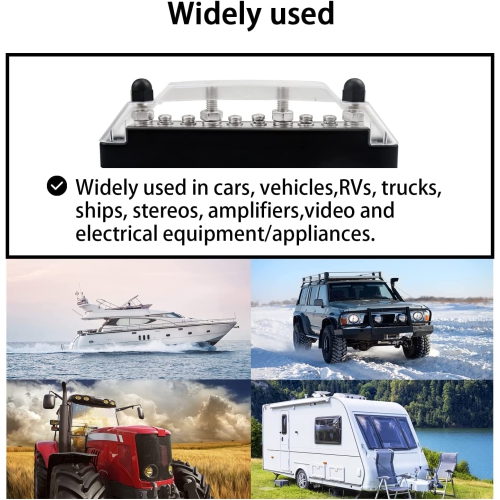 Busbar Distribution Block 4 x 1/4' Studs 6 x M4 Screw Terminal Blocks with Cover 150 Amp Rating Automotive Marine Battery Bus Bars
