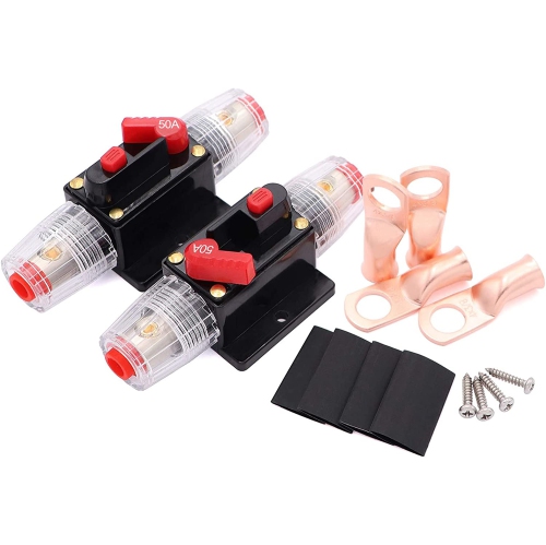 DOLAER  2 Pack Inline 50Amp Circuit Breaker With Manual Reset Fuse Holder for Car Audio Marine Boat Stereo, With Wire Lugs And Heat Shrink Tube