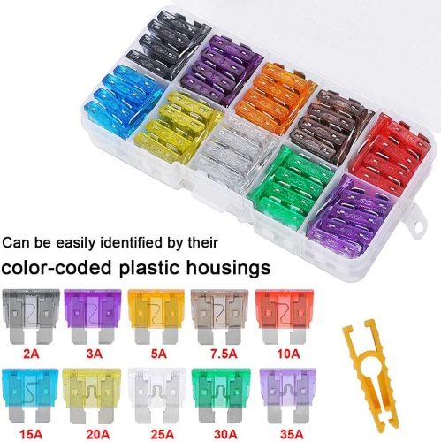 Car Fuse Assortment Kit(100PCS) - 2A 3A 5A 7.5A 10A 15A 20A 25A 30A 35A - ATO/ATC/ATS/APR Auto Standard Blade Fuse Set with 10Pcs 16 AWG Inline Fuse
