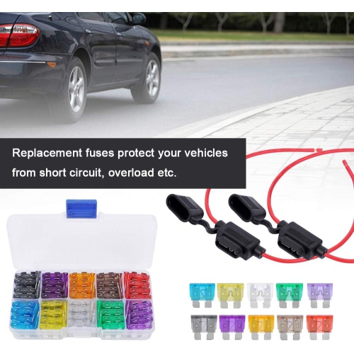 Car Fuse Assortment Kit(100PCS) - 2A 3A 5A 7.5A 10A 15A 20A 25A 30A 35A - ATO/ATC/ATS/APR Auto Standard Blade Fuse Set with 10Pcs 16 AWG Inline Fuse