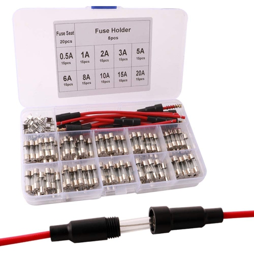 DOLAER  175PCs 5X20MM Professional Car Fast-Blow Glass Tube Fuse Kit: 150PCs Quick Blow Glass Tube Fuse + 20PCs Fuse Seat + 5PCs Inline Screw Type