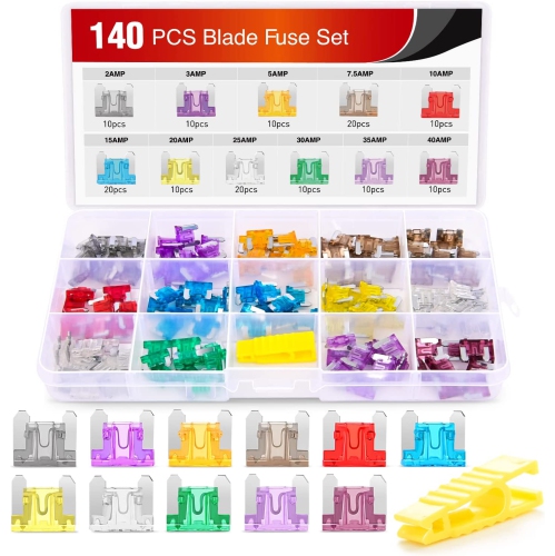 - 50014R 140pcs Low Profile Mini Blade Fuse Assortment, 2A 3A 5A 7.5A 10A 15A 20A 25A 30A 35A 40A Mini Blade Fuses for Car Boat Truck SUV Automotive