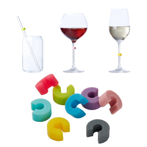 Signa Silicone Glass Markers / Charms - Set of 8 - Versatile Fit - Simple Design - Works with Wine Glasses, Drinking Glasses, and Straws