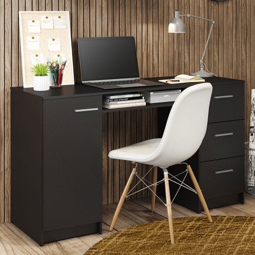 MADESA Home Office Computer Writing Desk with 3 Drawers, 1 Door and 1 Storage Shelf, Plenty of Space, Wood, 18" D x 53" W x 30" H - Black