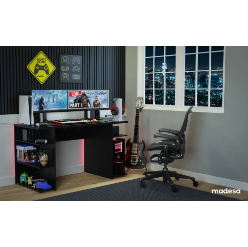Grand bureau d'ordinateur de jeu moderne Madesa 53 po avec 5 tablettes Gestion des câbles étude d'étudiant Table en bois Home Office Gamer Desk pour