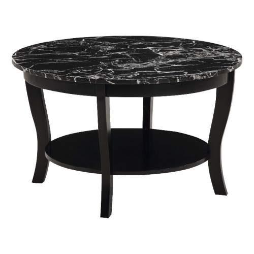 CONVENIENCE CONCEPTS American Heritage Round Coffee Table W/shelf In Black Wood And Faux Marble Top