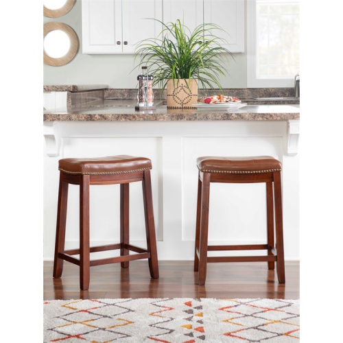 Riverbay Furniture Mitchell 26" Wood Counter Stool with Nail Head Trim in Brown