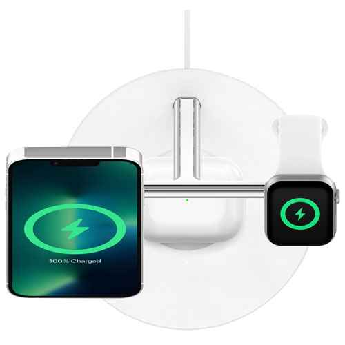 Belkin MagSafe 3-in-1 Wireless Charging Stand for iPhone 15/14/13/12, Apple Watch & AirPods - White