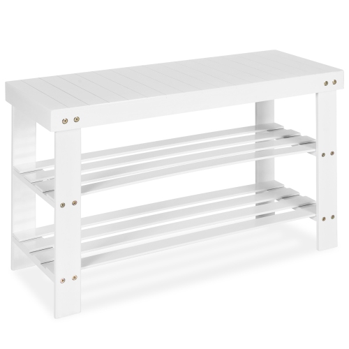 Costway Bamboo Shoe Rack Bench 3-Tier Storage Shelf Holder Home Entryway Hallway White