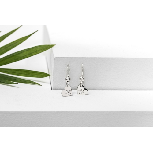 Ag Sterling - Sterling Silver Heart Paw Print Drop Earrings