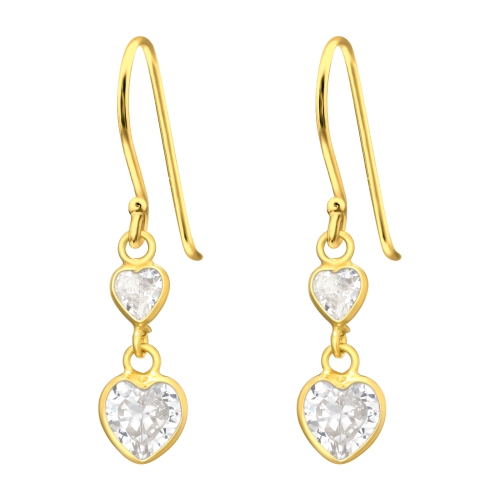 Ag Sterling - Goldtone Plated Sterling Silver CZ Dual Heart Drop Earrings