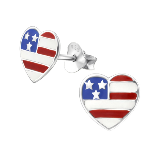 Ag Sterling - Sterling Silver American Flag Heart Stud Earrings