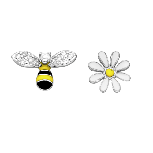 AG STERLING  - Sterling Cz Bee And Daisy Asymmetrical Stud Earrings In Silver
