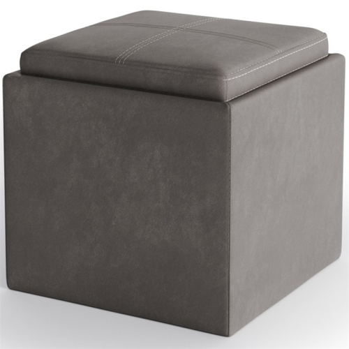 Simpli Home Rockwood Square Faux Leather Storage Ottoman With Tray in Slate Gray