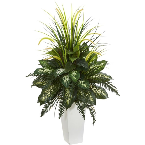 NEARLY NATURAL  Mixed River Fern And Dog Tail Artificial Plant In Tower Planter In White