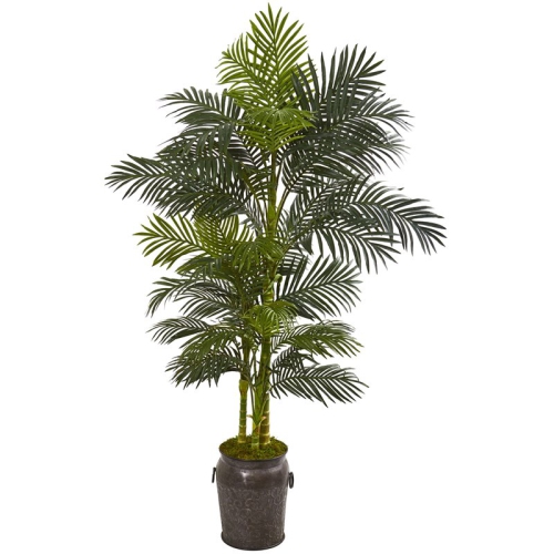 NEARLY NATURAL  84" Golden Cane Artificial Palm Tree In Decorative Planter In Green/gray