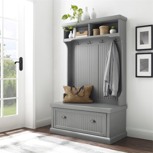 Bowery Hill Wooden Coastal Hall Tree in Distressed Gray Finish