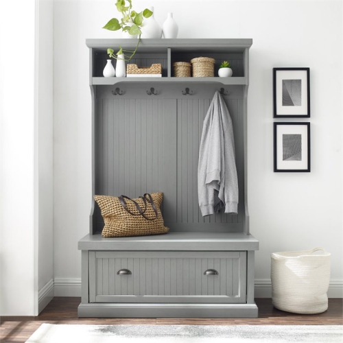 Bowery Hill Wooden Coastal Hall Tree in Distressed Gray Finish