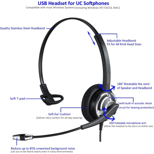 USB Headset with Microphone Noise Cancelling and Volume Controller for Conference Computer PC Headphone for UC Softphone Skype Microsoft Teams Zoom