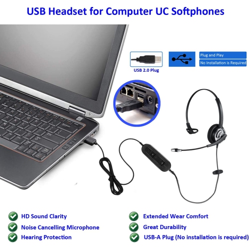USB Headset with Microphone Noise Cancelling and Volume Controller for Conference Computer PC Headphone for UC Softphone Skype Microsoft Teams Zoom