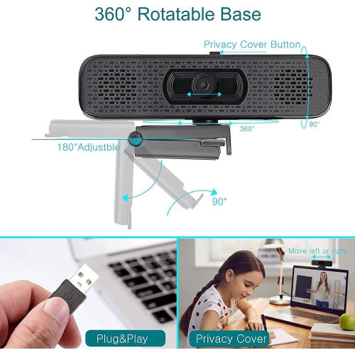 1080P HD Webcam with 2 Speakers & Built-in Microphone for Computer Monitor,90 Degree View Angle Desktop USB Stream Camera with Privacy Cover for