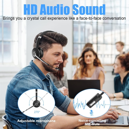 Bluetooth Headset with Noise Canceling Microphone, V5.0, Mic Mute, Wireless Handsfree Headphone for Laptop, Cell Phone, Tablet, Call Center, Office, Meeting,Online Class