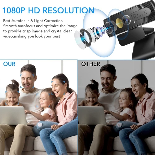 Usb 1080p Hd Streaming Webcam With Microphone, With Privacy Cover, Plug And Play, Autofocus Flexible Rotatable Wide Angle Webcam