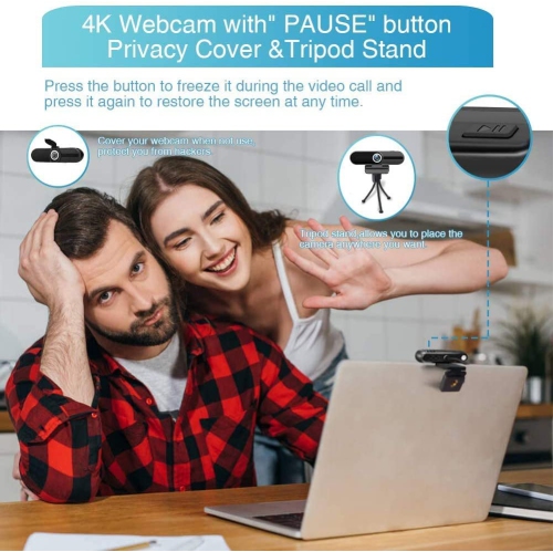Caméra Web 4K avec microphone, 8 Mpx, Ultra HD pour ordinateur de bureau, caméra Web USB avec mini trépied, obturateur de confidentialité, Pro