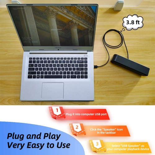 USB Computer Speaker, Laptop Speaker with Stereo Sound & Enhanced Bass, Portable Mini Sound Bar for Windows PCs, Desktop Computer and Laptops