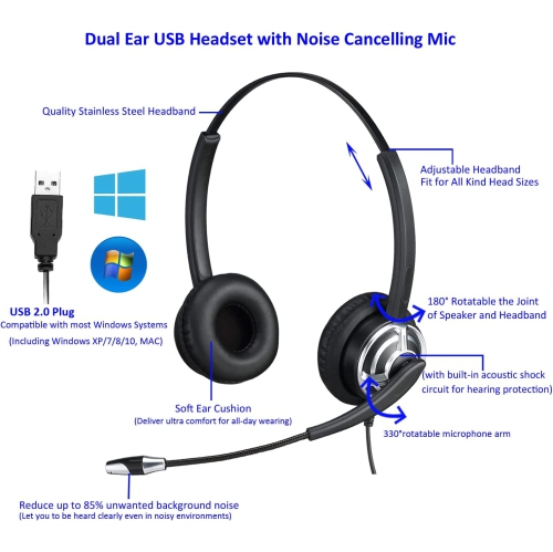 USB Telephone Headset with Microphone Noise Cancelling for PC Corded Computer Headset Dual Ear for UC Softphones Dragon Dictation Headphone